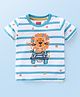 Babyhug Cotton Knit Half Sleeves Striped T-Shirt with Lion Print - White & Blue