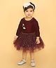 Titrit  Full Sleeves Floral Applique & Polka Dot Printed Fit & Flare Velvet Dress - Wine Red