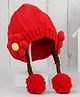 Yellow Bee Flower Applique Detailed  Knitted Beanie With Braids Tie  - Red