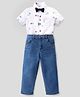 Ollington St. 100% Cotton Knit Half Sleeves Penguin Printed Shirt & Jeans Set with Bow - White & Indigo Blue