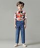Ollington St. 100% Cotton Full Sleeves Party Shirt & Jeans With Bow Floral Print - White & Indigo
