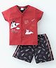 Cucumber Cotton Sinker Knit Half Sleeves Night Suit Penguin Print - Red