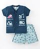 Cucumber Cotton Sinker Knit Half Sleeves Night Suit Construction Vehicle Print - Blue