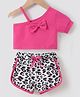 Kookie Kids Half Sleeves Top & Shorts With Bow Applique Leopard Print - Pink