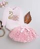 TINY MINY MEE Full Sleeves Swan Glitter  Printed  Onesie With Bow Embellished Flared Skirt & Headband - Pink