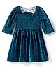 Lil' Drama Three Fourth Sleeves Smock Sheering Chevron Design Back Bow Detailed Velvet Dress - Teal Blue