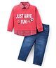 Babyhug Cotton Knit Full Sleeves Collared Overlap T-Shirt & Denim Pants Set With Text Print - Red & Blue