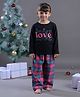 Budding Bees Full Sleeves Love Printed Tee With Tartan Checked Pajama - Black