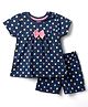 Babyhug Single Jersey Cotton Knit Half Sleeves Night Suit Polka Dot Print with Bow Applique - Navy Blue