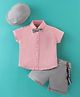 ToffyHouse Woven Half Sleeves Shirt & Shorts Set With Suspender & Bow Solid Colour - Pink & Grey