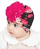 Babymoon Flowers Printed & Applique Detailed Nylon Turban Beanie Cap - Pink & Dark Blue-  Diameter 19 Cms