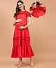 Shades Of Sabi Cold Shoulder Frill Detailed Solid Maternity Tiered Dress With Concealed Zipper Nursing Access - Red