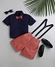 Jeet Ethnics Half Sleeves Solid Suspender Shirt With Checked Shorts With Bow - Navy Blue & Peach