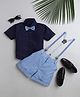 Jeet Ethnics Half Sleeves Solid Suspender Shirt With Checked Shorts With Bow - Blue