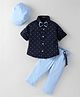 Robo Fry Cotton Woven Full Sleeves Printed Shirt and Trouser Set With Suspender Bow & Cap- Navy blue