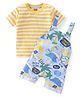 Babyhug 100% Cotton Knit Single Jersey Dungaree & Half Sleeves T-Shirt Set With Striped & Beach Theme Print - Blue & Yellow