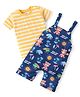 Babyhug Single Jersey Knit Dungarees & Half Sleeves Striped T-Shirt with Teddy Print - Orange & Blue