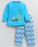 CUTOPIES Full Sleeves Eiffle Tower Printed Tee With Scallops Printed Pant - Sky Blue