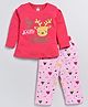 CUTOPIES Full Sleeves Reindeer Printed Tee With Leaves Printed Pant - Rani Pink