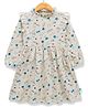 JusCubs Full Sleeves Frill Detailed Flowers & Beetles Printed Cotton Knitted Fit & Flare Dress - Beige