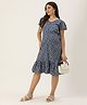 Blush 9 Half Sleeves Seamless Leaves Printed Maternity & Nursing Dress With Concealed Zipper Nursing Access - Navy Blue