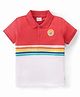 Babyhug 100% Cotton Knit Half Sleeves Polo T-Shirt with Stripe Design & Text Graphics - Red & White