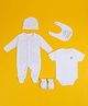 Baby Moo Full Sleeves Star Love Printed With Bodysuits Bib Cap & Mittens - White