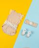 Baby Moo Cotton Cap Sleeves Squirrel  &  Ruffle Detailed Bodysuit With Coordinating Headband & Socks - Peach