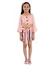 Kids Cave Off Shoulder Three Fourth Solid Button Detailed Top With Candy Striped Shorts - Pink