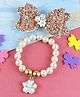 Asthetika Shimmer Bow Embellished Hair Clip & Beaded Bracelet Combo Set - Golden
