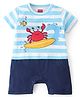 Babyhug 100% Cotton Knit Half Sleeves  Striped  Romper with Crab Print - Blue