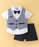 Simply Premium Cotton Woven Half Sleeves Shirt & Shorts Set With Striped Waist Coat and Bow - Blue