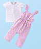 Babyhug 100% Cotton Knit Single Jersey Dungarees & Half Sleeves T-Shirt With Floral Print - White & Lilac