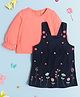 Nauti Nati Full Sleeves Floral Embroidered  Pinafore Dress With Tee  - Navy Blue