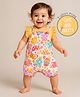 Babyhug Single Jersey Knit Dungaree Style Romper with Frill Sleeves T-Shirt Text  & Floral Print - Multicolour