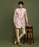Vastramay Full Sleeves Woven Design Brocade Sherwani Set - Pink & Gold