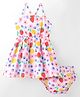 Doodle Poodle 100% Cotton Sleeveless Floral & Fruits Printed Halter Neck Frock with Bloomer -Bright White