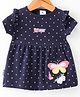 Child World Interlock Knit Half Sleeves Frock with Polka Dot Print & Butterfly Patch - Navy Blue