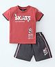 CUCUMBER Sinker Knit Half Sleeves Nightwear Suit With Race Track Print - Red