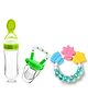 Fantasy India Combo of Fruit And Food Nibbler Spoon Feeder and Rattle Teether- Green