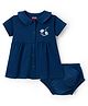 Babyhug Cotton Jersey Knit Half Sleeves Text Printed Frock with Bloomer - Navy Blue