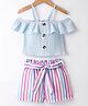 Kookie Kids Cotton Knit Cold Shoulder Sleeves Solid Colour  Tops & Striped Shorts -  Blue