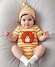 Babyoye  100% Cotton with Eco Jiva Finish Half Sleeves  Onesie & Cap Striped with Cat Patch - Multicolour