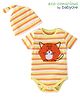 Babyoye  100% Cotton with Eco Jiva Finish Half Sleeves  Onesie & Cap Striped with Cat Patch - Multicolour