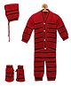 MayRa Knits Full Sleeves Striped Designed Hand Knitted Coordinating Woollen Sweater Pajama Cap & Socks Set - Red