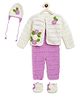 MayRa Knits Full Sleeves Floral Applique & Pearl Embellished Hand Knitted Woollen Jacket With Dungaree Cap & Booties - Purple