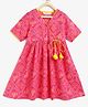 Campana Girls 100% Cotton Short Sleeves Bandhini Printed Flared Angrakha Kurta - Magenta Pink