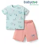 Babyoye 100% Cotton Knit with Eco Jiva Finish Half Sleeves T-Shirt & Shorts Set with Animal Print - Peach & Light Blue