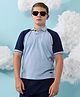 Instafab Cotton Raglan Half Sleeves Contrast Color Blocked Polo Tee - Light Blue & Navy Blue