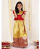 JBN Creation Puffed Half Sleeves Frill Detailed Flower Motif Embellished & Graph Checked Coordinating South Indian Style Pavda Pattu Lehenga Set - Red & Mustard Yellow